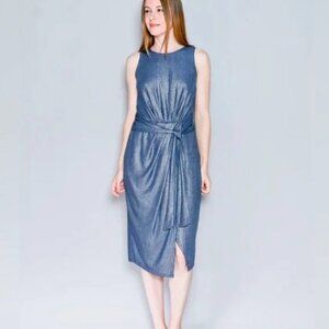 Superfoxx Navy Silver Sparkle Dress Sleeveless Sheath Ruched Party Size Large